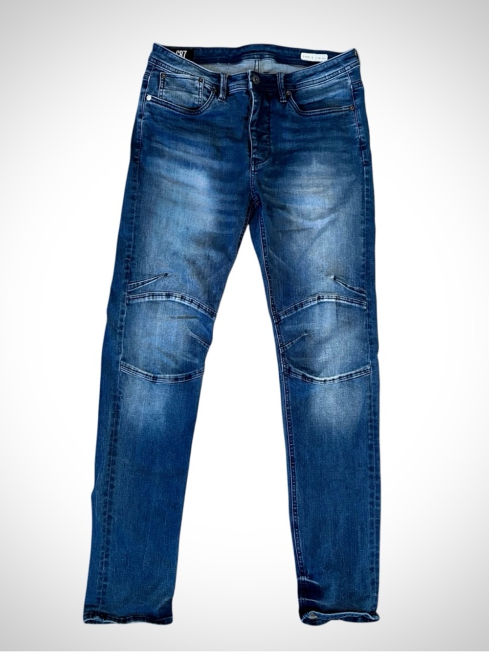 CR7 Cristiano Ronaldo Type-S Slim Jeans 31x32 Dark Wash Moto Knee Panel Stretch
